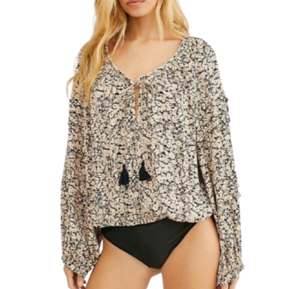 Free People All Tucks Balloon Sleeve Floral Print Bodysuit - S